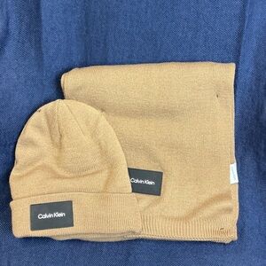 Calvin Klein Gender Neutral Tan Knit Beanie and Scarf Set - New!